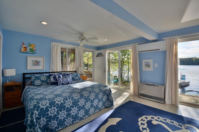 12B Trues Point Rd, New Gloucester, ME 04260 - bedroom with access to exterior, tile patterned floors, recessed lighting, beam ceiling, and ceiling fan