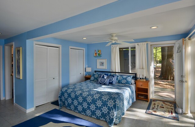 12B Trues Point Rd, New Gloucester, ME 04260 - tiled bedroom with multiple closets, a ceiling fan, recessed lighting, access to exterior, and baseboards