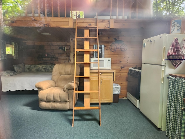 75 Snow Goose Ln, Dexter, ME 04930 - carpeted bedroom featuring freestanding refrigerator and wood walls