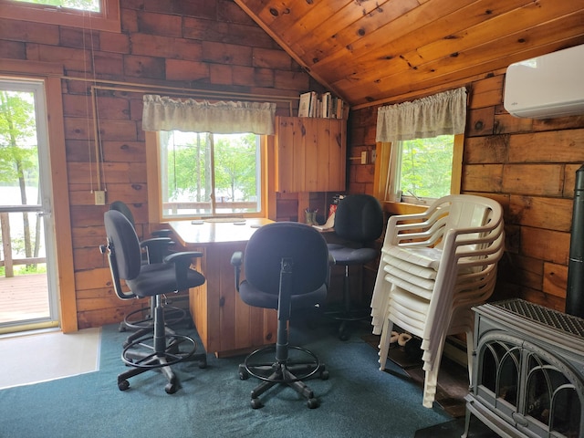 75 Snow Goose Ln, Dexter, ME 04930 - carpeted office with a wall mounted air conditioner, wood walls, vaulted ceiling, and wood ceiling