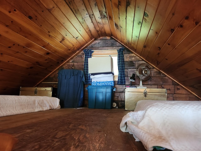 75 Snow Goose Ln, Dexter, ME 04930 - bedroom with vaulted ceiling, wooden ceiling, and wood walls