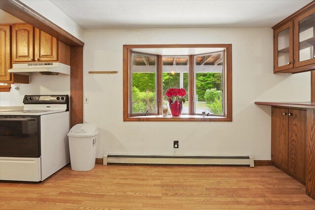 473 Davenport Hill Rd, Jay, ME 04239 - kitchen featuring electric stove, under cabinet range hood, a baseboard heating unit, and light wood-style flooring