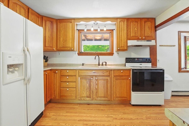 473 Davenport Hill Rd, Jay, ME 04239 - kitchen with white fridge with ice dispenser, electric stove, a sink, under cabinet range hood, and light countertops