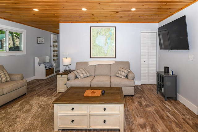 1491 Richville Rd, Standish, ME 04084 - living area featuring wooden ceiling, baseboards, dark wood-style floors, and recessed lighting