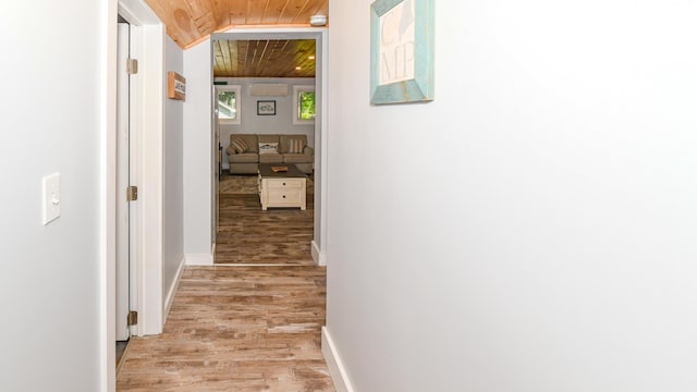 1491 Richville Rd, Standish, ME 04084 - hall featuring wooden ceiling, light wood-style floors, and baseboards