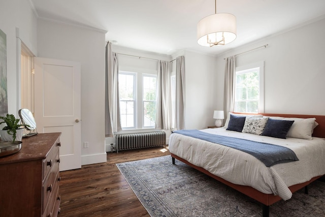205 Beach St, Saco, ME 04072 - bedroom featuring radiator heating unit, crown molding, dark wood-style flooring, and baseboards