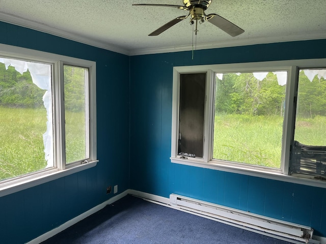 700 Warren Hill Rd, Palmyra, ME 04965 - unfurnished room with a baseboard radiator, plenty of natural light, dark carpet, a textured ceiling, and crown molding