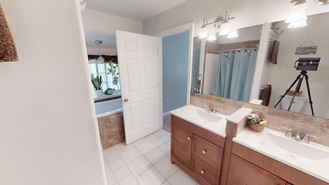 34 Sandy Acres Dr, Sullivan, ME 04664 - bathroom featuring double vanity, tile patterned flooring, and a shower with shower curtain