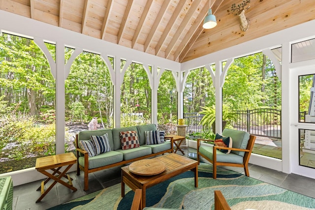 38 Darcy Rd, York, ME 03909 - sunroom featuring vaulted ceiling, an outdoor living space, wooden ceiling, and view of scattered trees