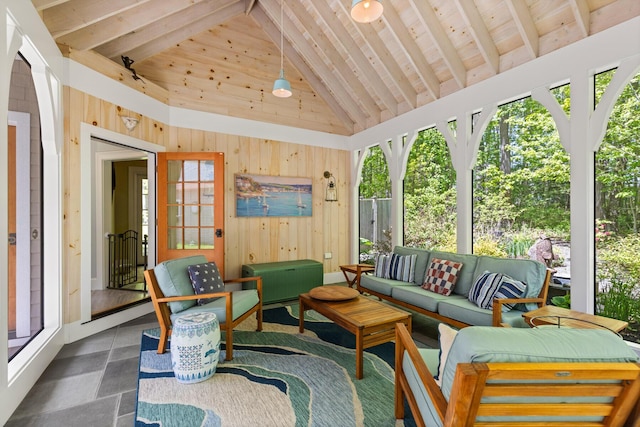 38 Darcy Rd, York, ME 03909 - sunroom featuring an outdoor hangout area, wooden walls, high vaulted ceiling, and wooden ceiling with exposed beams