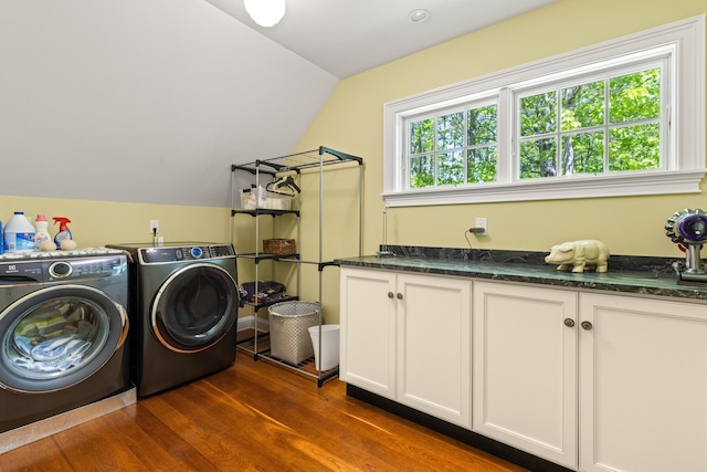 38 Darcy Rd, York, ME 03909 - laundry room featuring separate washer and dryer, dark wood finished floors, and cabinet space