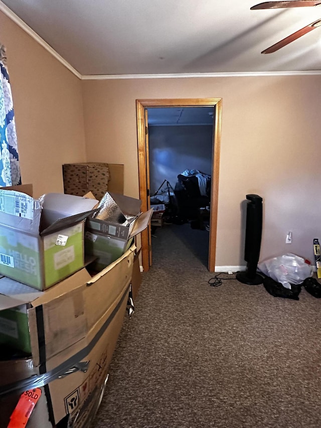 33 Washington St, Caribou, ME 04736 - recreation room with crown molding, carpet floors, and ceiling fan