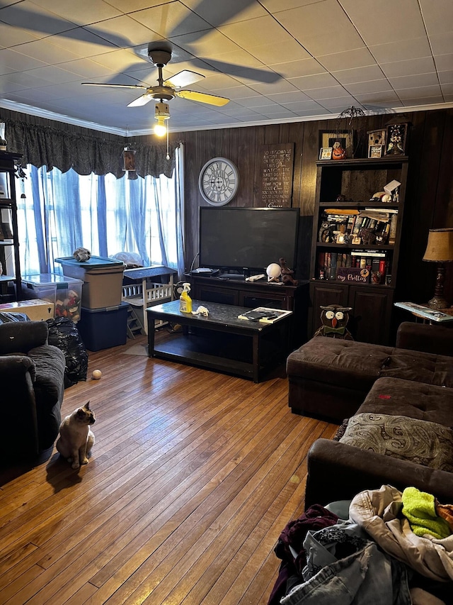 33 Washington St, Caribou, ME 04736 - living room with ceiling fan, wood-type flooring, and wood walls