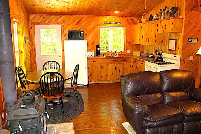 20 Blue Jay Dr, Embden, ME 04958 - kitchen with white appliances, a sink, a wood stove, wood walls, and healthy amount of natural light