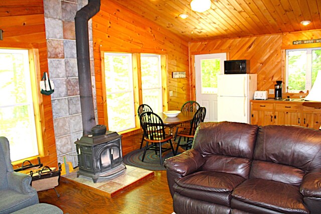 20 Blue Jay Dr, Embden, ME 04958 - living room with a wood stove, wood finished floors, healthy amount of natural light, wood walls, and wood ceiling