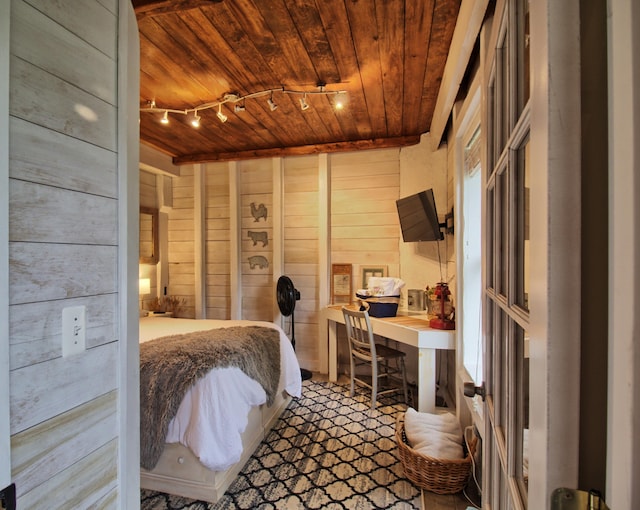 14 Jude Ln, Ellsworth, ME 04605 - bedroom with wood ceiling, wood walls, an office area, and track lighting