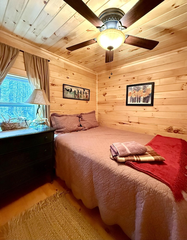 22 Old Mill Rd, Talmadge, ME 04492 - bedroom with wooden ceiling, wooden walls, wood finished floors, and ceiling fan