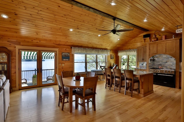500 Black Point Rd, Beaver Cove, ME 04441 - dining area with a ceiling fan, lofted ceiling, french doors, wood ceiling, and light wood finished floors