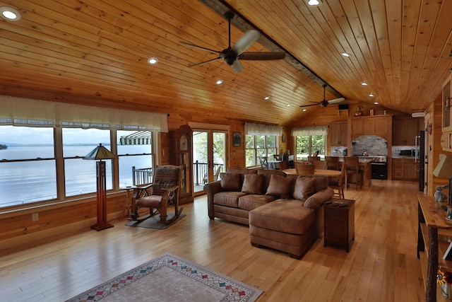 500 Black Point Rd, Beaver Cove, ME 04441 - living room featuring a ceiling fan, wooden ceiling, light wood finished floors, and recessed lighting