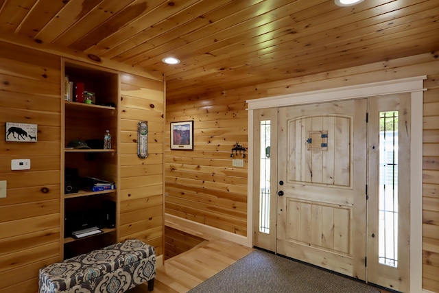 500 Black Point Rd, Beaver Cove, ME 04441 - entrance foyer with wooden ceiling, wooden walls, recessed lighting, and wood finished floors
