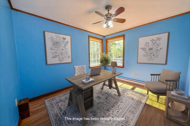 3 Reeds Ln, Belfast, ME 04915 - home office with a baseboard radiator, ornamental molding, a ceiling fan, baseboards, and wood finished floors