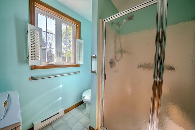 3 Reeds Ln, Belfast, ME 04915 - bathroom with a baseboard heating unit, a shower stall, and toilet