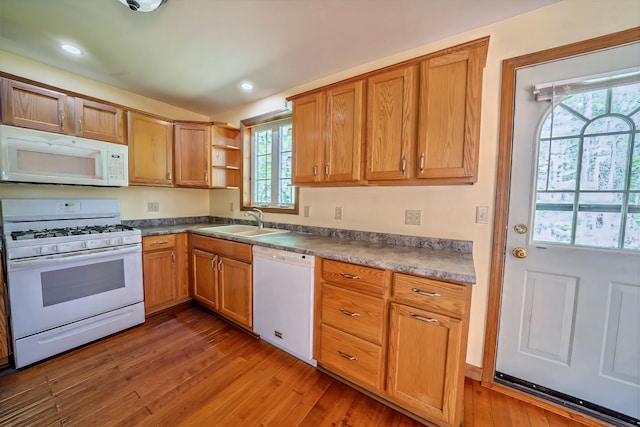 3 Reeds Ln, Belfast, ME 04915 - kitchen with white appliances, a sink, wood finished floors, dark countertops, and open shelves