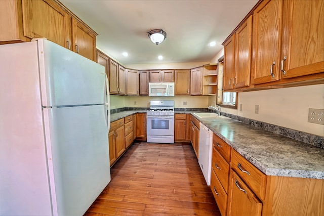 3 Reeds Ln, Belfast, ME 04915 - kitchen featuring white appliances, a sink, open shelves, hardwood / wood-style floors, and recessed lighting