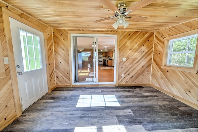 3 Reeds Ln, Belfast, ME 04915 - doorway to outside with wood walls, wooden ceiling, wood finished floors, ceiling fan, and baseboards