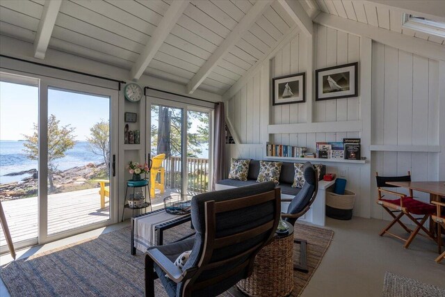 459 Main Rd, Islesboro, ME 04848 - office space with a water view, wooden walls, and wood ceiling