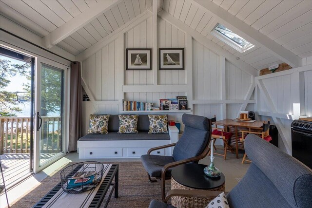 459 Main Rd, Islesboro, ME 04848 - living area featuring a skylight and wooden ceiling