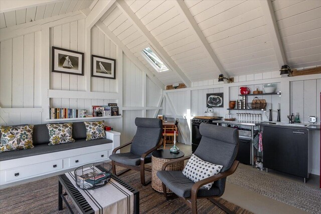 459 Main Rd, Islesboro, ME 04848 - living room with wooden ceiling and a skylight