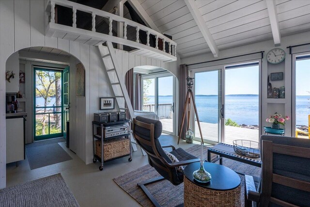 459 Main Rd, Islesboro, ME 04848 - sitting room with arched walkways, a water view, and wood ceiling