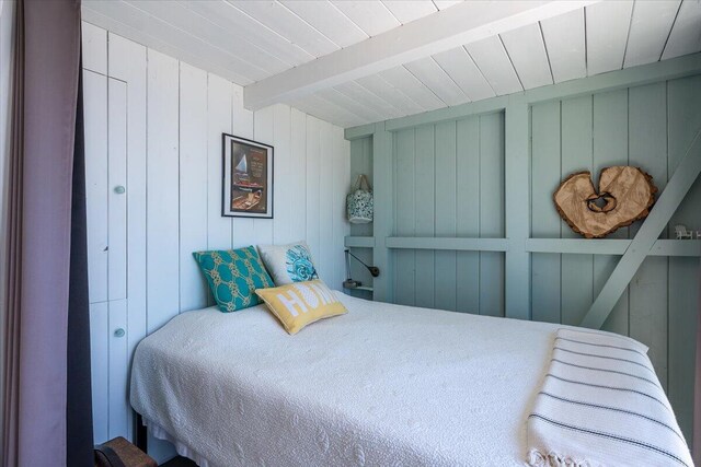 459 Main Rd, Islesboro, ME 04848 - bedroom with a wood ceiling with exposed beams