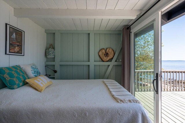 459 Main Rd, Islesboro, ME 04848 - bedroom featuring access to outside, a water view, and a wood ceiling with exposed beams