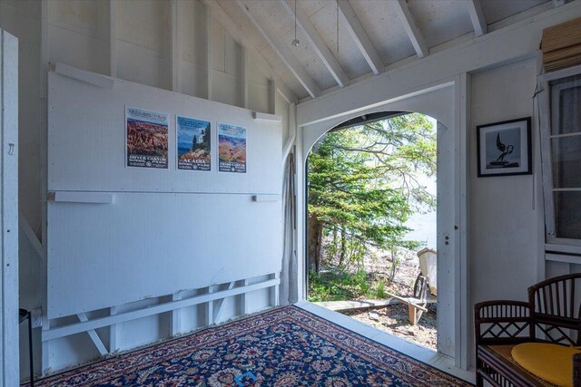 459 Main Rd, Islesboro, ME 04848 - entryway with beam ceiling and high vaulted ceiling
