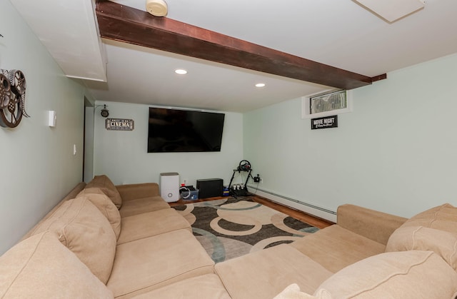 68 Lone Pine Rd, Waterboro, ME 04061 - living room featuring a baseboard radiator, recessed lighting, wood finished floors, and beamed ceiling