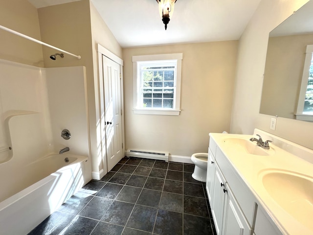 52 Peary Ter, South Portland, ME 04106 - bathroom with baseboard heating, baseboards, double vanity, and shower / washtub combination