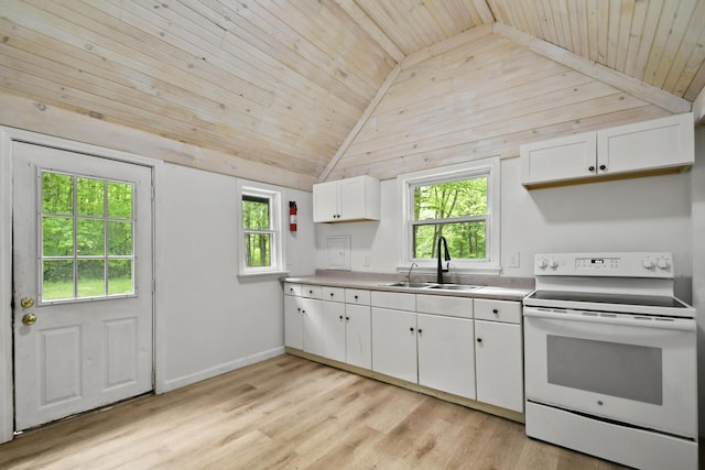 398 Hopper Rd, Acton, ME 04001 - kitchen featuring white electric range oven, a sink, wooden ceiling, white cabinets, and light wood-style floors