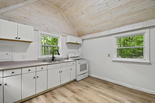 398 Hopper Rd, Acton, ME 04001 - kitchen with white electric stove, a sink, lofted ceiling, white cabinetry, and wood ceiling