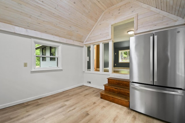 398 Hopper Rd, Acton, ME 04001 - kitchen featuring freestanding refrigerator, wooden ceiling, wood finished floors, baseboards, and high vaulted ceiling