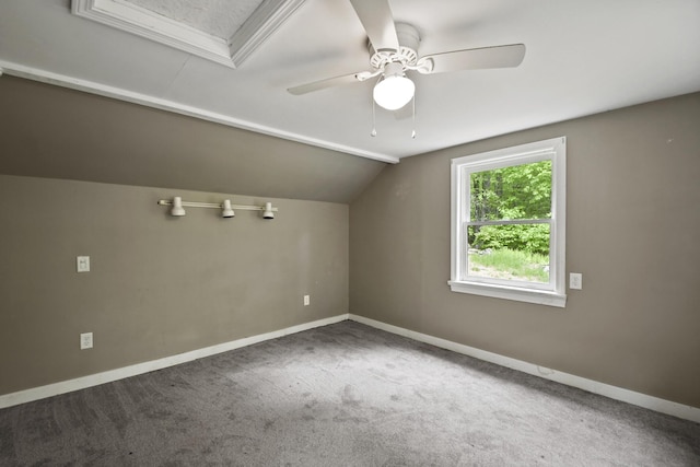 398 Hopper Rd, Acton, ME 04001 - additional living space with ceiling fan, baseboards, carpet flooring, and vaulted ceiling