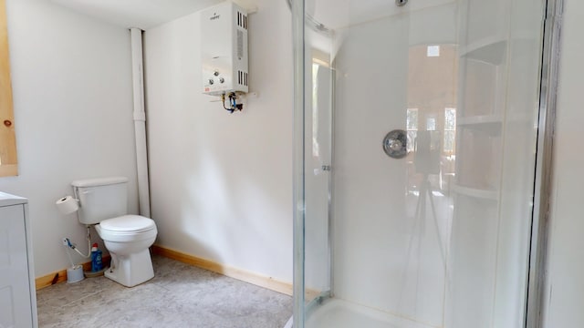 121 Loop Rd, Lincoln, ME 04457 - bathroom with water heater, a shower stall, toilet, baseboards, and vanity