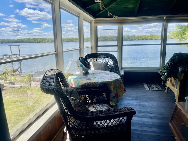 51 Rock Haven Dr, West Bath, ME 04530 - sunroom with a water view, hardwood / wood-style floors, and beamed ceiling
