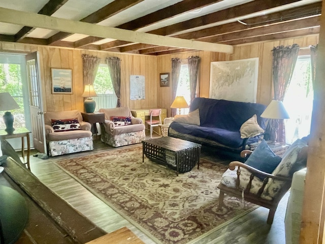 51 Rock Haven Dr, West Bath, ME 04530 - living room featuring wood finished floors, beamed ceiling, and wooden walls