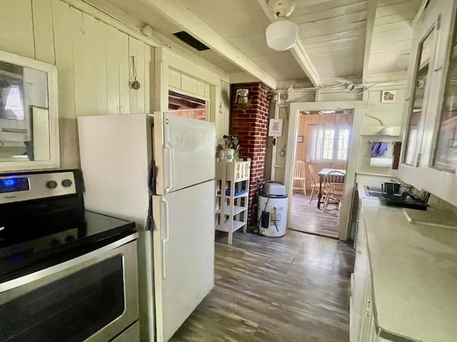 51 Rock Haven Dr, West Bath, ME 04530 - kitchen featuring stainless steel electric range, dark wood finished floors, and beamed ceiling