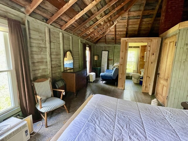 51 Rock Haven Dr, West Bath, ME 04530 - bedroom with wood ceiling with exposed beams, a wall mounted AC, wood finished floors, and high vaulted ceiling