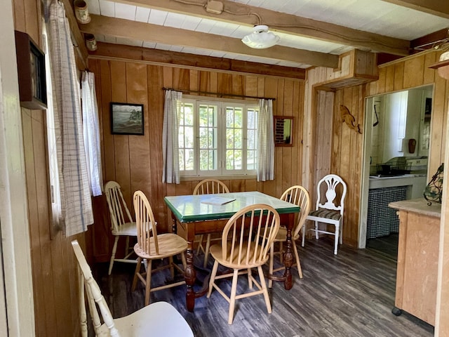 51 Rock Haven Dr, West Bath, ME 04530 - dining space with beamed ceiling, wood walls, and wood finished floors