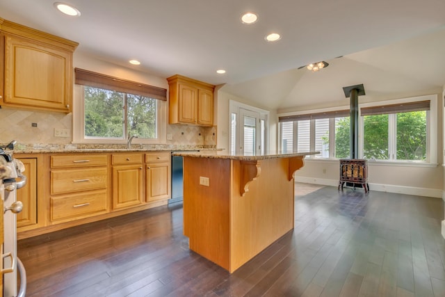 61 Carlyle Rd, Portland, ME 04103 - kitchen with a wood stove, healthy amount of natural light, light stone counters, lofted ceiling, and a breakfast bar area
