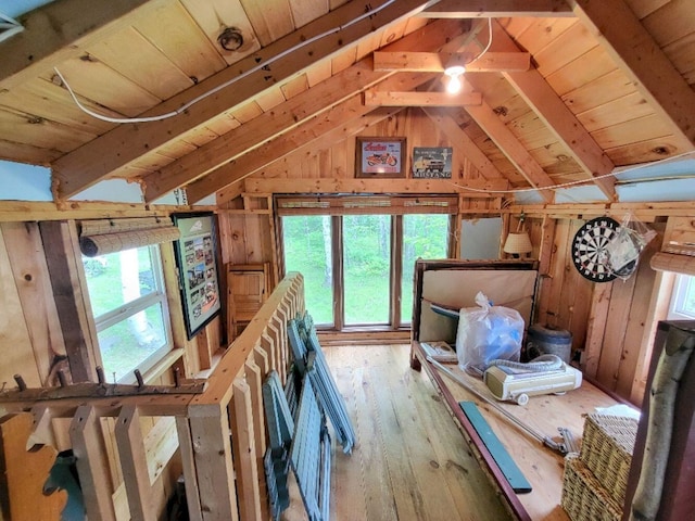 16 Mellen Ln, Wilton, ME 04294 - bedroom featuring wooden walls, multiple windows, wood ceiling, and hardwood / wood-style flooring